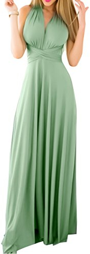OBEEII Damen Multiway Abendkleid Lange Hochzeit Brautjungfernkleid Bodenlang Sommer Strandkleid Cabrio Wickelkleid V-Ausschnitt Rückenfrei Neckholder Festlich Kleid Hellgrün L