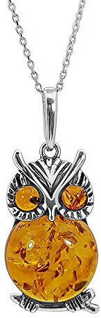 Kiara Jewellery Collier avec pendentif en forme de chouette en argent sterling 925 incrusté d'ambre de la Baltique marron sur une chaîne en argent sterling de 45,7 cm., Argent sterling, Ambre