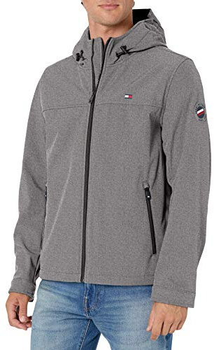 Tommy Hilfiger Herren Wasserabweisende Softshell-Kapuzenjacke Übergangsjacke, Meliert, Grau, M