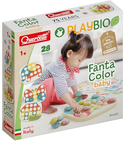 Quercetti FantaColor Baby, Gioco Educativo in Bio-Plastica con Bottoni Colorati per Bambini 1-4 Anni, Mosaico per motricità fine e coordinazione, Giochi Bambini 2 Anni, Montessori, Regalo Bimba 1 Anno