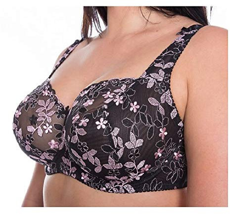 Gem Women's Full Cup Lace Embroidered Plus Size Underwired Bra (Black-Pink, 40G)