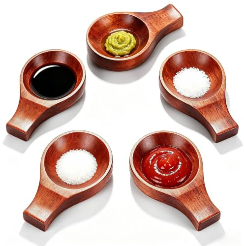 Cyrank Platos para salsa, cuenco de madera, plato de especias, cuenco de sushi y soja, plato para servir platos, soporte para bolsitas de té pequeño, juego de 5