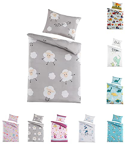 BaSaTex Kinder Baby Bettwäsche Set für Mädchen und Jungen | 100x135 cm + 40x60 cm | 100% Polyester Mikrofaser | Reißverschluss | Süße Träume - Schafe und Wolken | grau/weiß