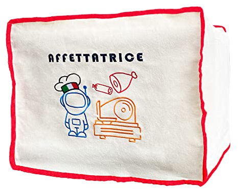 Couvre-trancheuse mesure moyenne 45 x 35 x 35 cm, convient pour différentes tailles de trancheuse, tissu 100 % coton, image et inscriptions brodées en surface