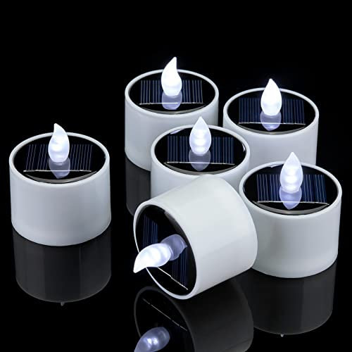 SingTok 6 Pack Cool White Solar Powered Flameless Tealight, Outdoor Waterproof Rechargeable LED Flickering Electric Solar Tea Light Candles Flicker Fake LED Votive Candle Bulk for Outside Decorations