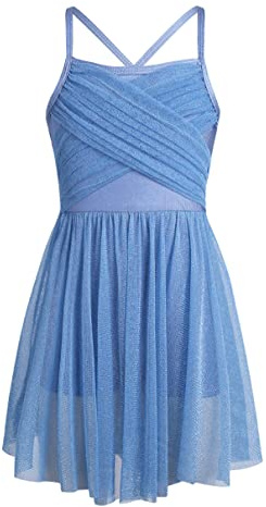 dPois Girls Lyrical Ballet Dance Dress Spaghetti Cami High-Waist Ruffled Ballerina Skirt Ballroom Dancing Costume Light Blue 5-6 Years