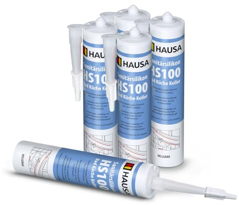 HAUSA Sanitär-Silikon HS100 Hellgrau 5x 310ml hochelastische Fugendichtmasse für Bad Dusche Küche schimmelresistenter wasserdichter Acetat Silikon-Dichtstoff in Kartusche zum Abdichten Verfugen