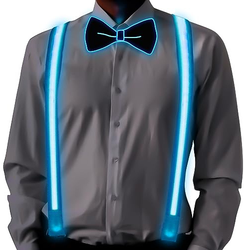 Ainiv Nœud Papillon Lumineuses LED Homme et CBretelles Homme, 3 Modes de Flash LED Cravate Glow, Cravate Lumineux Réglable avec Fermeture Éclair pour Fêtes, Bars, Halloween, École