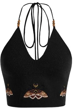 Verdusa Women's Y2k Crochet Tops Going Out Summer Outfits Boho Gothic Halter Top Festival Western Cowgirl Shirts Black Large