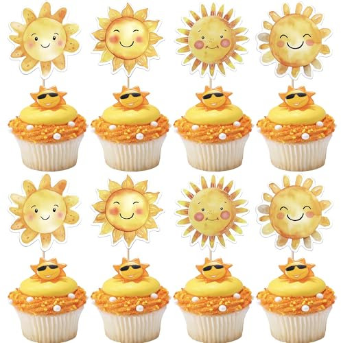 Xsstarmi Lot de 36 décorations pour cupcakes avec soleil, smiley, soleil, fleur, pour thème dessin animé, soleil, fête prénatale, fête d'anniversaire, décoration de gâteau