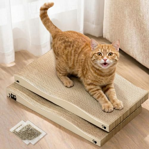 Cat Scratching Board, Corrugated Cardboard Cat Scratcher for Indoor Cats, Durable Scratch Pad, Heavy Duty, Double-Sided Usability, Recyclable, with Catnip (Pack of 2)