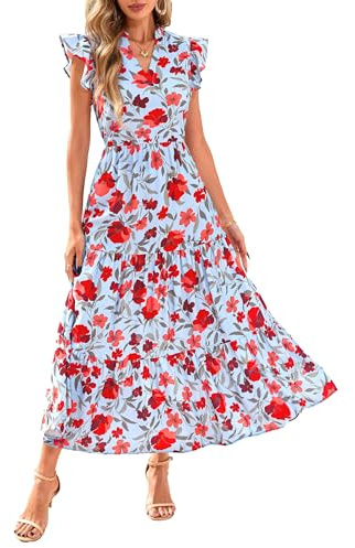 PRETTYGARDEN Women's 2026 Summer Floral Midi Dress Cap Sleeve V Neck Ruffle Long Flowy Boho Casual Beach Vacation Dresses (Floral Blue Red,Large)