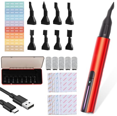 Mini Reciprocating Sander Pen, USB Rechargeable Electric Detail Sander with Overload Protection, 3 Speeds Adjustable, Includes 8 Sanding Heads and 12 Types Sandpaper for DIY Crafts and Polishing