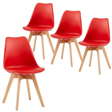 IPOTIUS Sillas de Comedor Escandinavas Modernas con Certificación SGS - Patas de Haya Natural, Respaldo Ergonómico para Cocina, Estudio o Dormitorio (Rojo, Juego de 4)