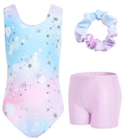 JiAmy Leotardos de gimnasia para niñas con pantalones cortos, conjunto de 3 piezas, traje atlético de gimnasia para niños, ropa de ballet sin mangas para niños de 3 a 12 años, Juego degradado rosa y