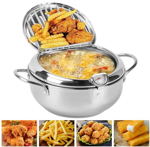 4.2L Deep Fryer Pot, 304 Stainless Steel Drain Pan,Deep Fat Fryer Stove Top | with Thermometer Control and Lid, Japanese Style Tempura Fryer Pan For French Fries Shrimp Meatballs Kitchen Cooking