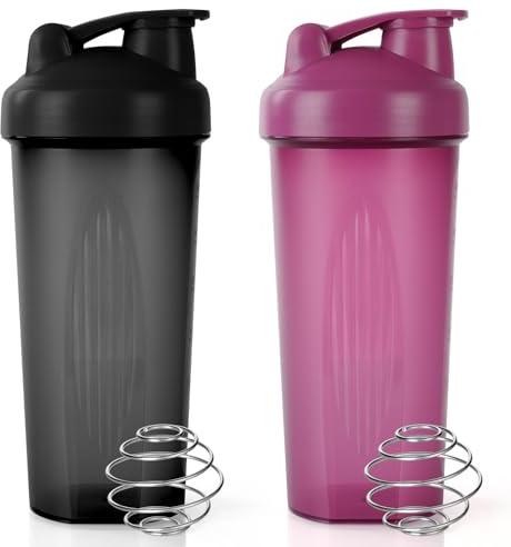 ACWOO 2 PCS Protein Shaker 600ml, Proteína Shaker a Prueba de Fugas con Bola Mezcladora, Botella Mezcladora de Batidos de Proteínas, Taza para Batidos de Proteínas para Fitness (Negro + Morado)