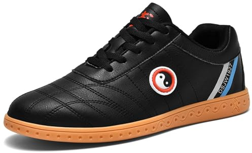 JiuQing Scarpe Tai Chi Uomo Donna Scarpe da Ginnastica per Arti Marziali A Piedi Nudi in Pelle Leggere per Taekwondo Kung Fu,Nero,44 EU