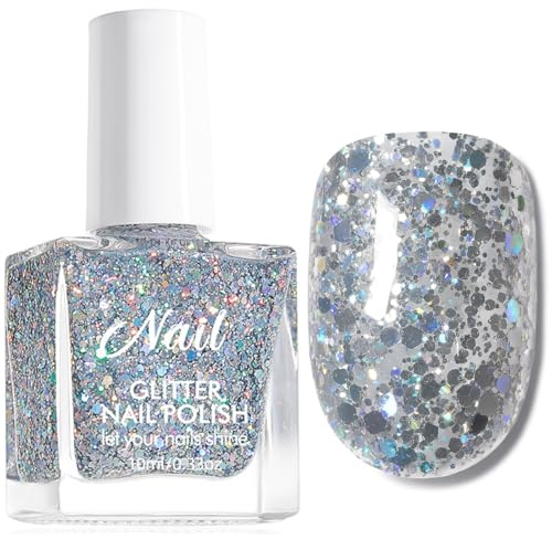 Silver Glitter Nail Polish - Silver Nail Varnish - Breathable Sparkly nail polish Quick Dry - Shimmer Glossy Easy To Apply - Chip Resistant No UV Light Needed for Women