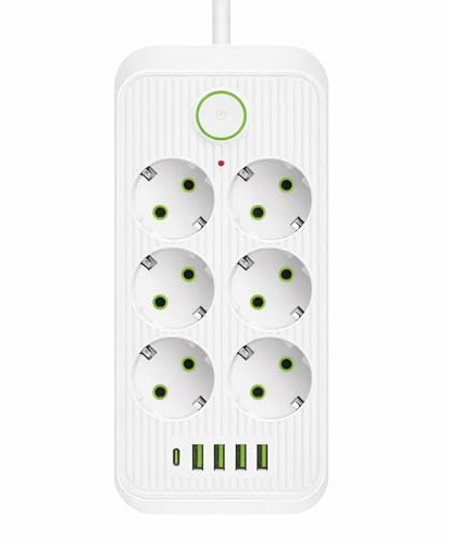 Ciabatta Multipresa con USB e USB-C, Presa Multipla 6 Prese 2500W 10A con Cavo 2 Metri, Protezione Sovraccarico, Design 45°, Multipresa da Parete o Scrivania per Casa e Ufficio