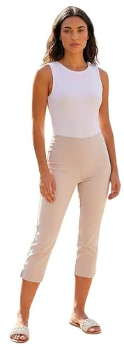 Roman Cropped Trousers for Women UK Ladies Capri Leggings Summer Pants Short Crop Stretch 3/4 Length Three Quarter Pedal Pusher Clothes Elasticated Bengaline Cut Off - Stone - Size 12
