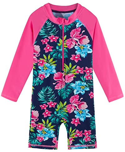 ZNYUNE Girls UV Sun Protection Swimsuit One Piece Long Sleeve UPF 50+ Sunsafe Swimwear Kids Swimming Costume with Zipper 4-12 Years S337 NavyFlower 140