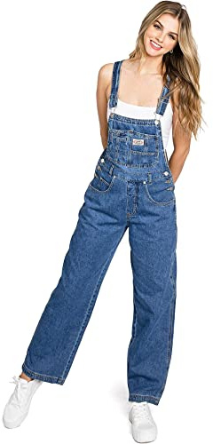 Lana Roux 90s Retro Dungaree Utility Denim Twill Jumpsuit Overalls (Medium Denim, Large)