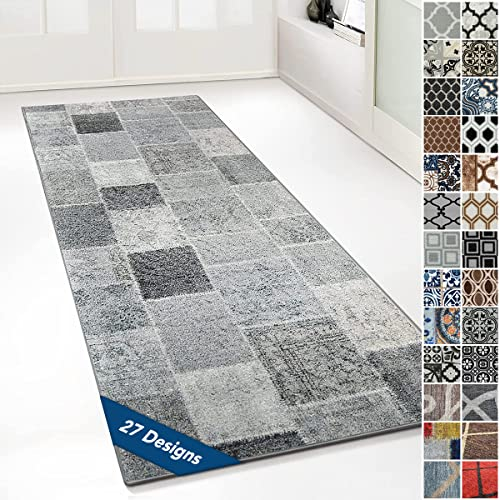Floordirekt Teppichläufer mit Muster - maßgefertigter Feinschlingen Teppich Läufer für Küche, Flur & Wohnraum - Ornament Vintage Orient Gitter (80 x 250 cm, Monsano Anthrazit)