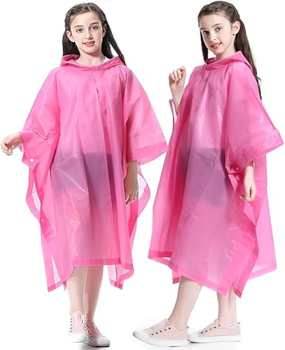 Rain Ponchos Raincoats for Kids, 2 Pack Emergency Rain Jacket with Big Hood for Boys Girls Disney Travel Outdoors, Pink