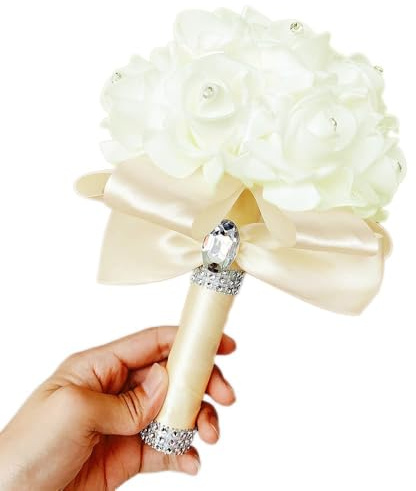 Wambere Bouquet da sposa con fiori in schiuma di cristallo con rose, bouquet da sposa, per fiori con nastro, damigella d'onore, bouquet da sposa, fiori di seta artificiale, posizione della mano, crema