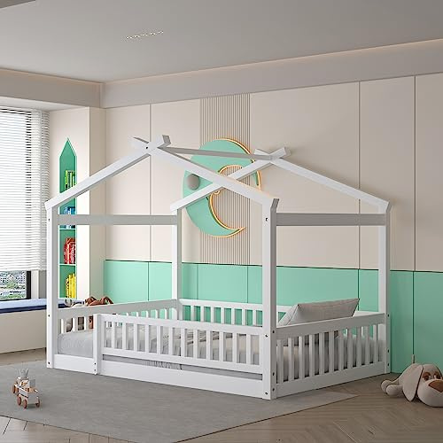 Merax Full Size Wooden House Bed with Fence, Wood Bed Frame with Roof and Safety Guardrail for Kids, Teens, Boys or Girls, 57 L x 62.9 W x 79.5 H, White