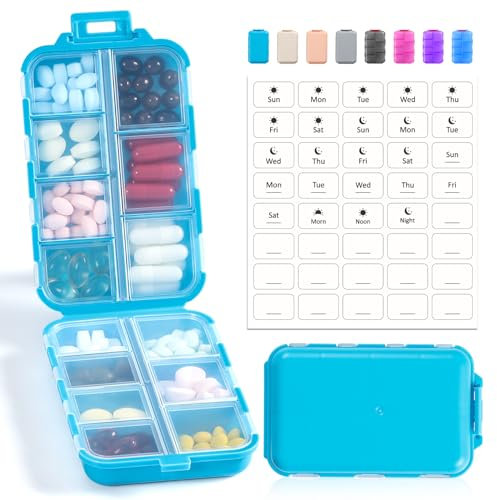 Pillen-Organizer-Box mit 14 Fächern und 40 weißen Etiketten – Reise-Medikamenten-Etui-Set – Tasche für tägliche und wöchentliche Apotheke – 7 Tage, 2 mal täglich Vitaminpräparate, Medikamentenhalter,