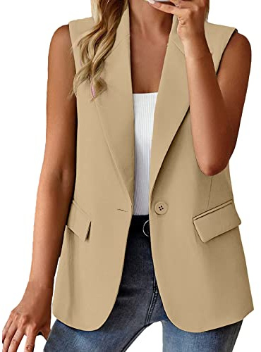 Blazer, gilet da donna beige, senza maniche, per sport, estate, blazer, top da lavoro, sportivo, senza maniche, giacca corta, leggero, senza maniche, blazer corto, da donna elegante, beige., XL
