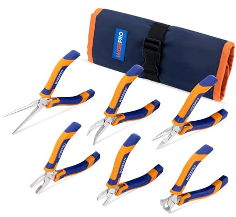 WISEPRO Set di 6 mini pinze con tasca, impugnatura softgrip, con pinza Linesman, naso lungo, pinza per aghi, curva, tagliafili e taglierina laterale