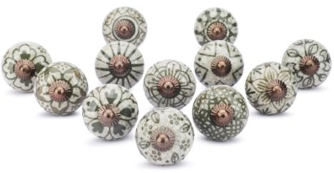 Ajuny Lot de 12 Boutons Décoratifs en Céramique Peints à la Main pour Placard Tiroir Porte et Meuble pour Cuisine Salle de Bain Commode Finition Brillante Vert