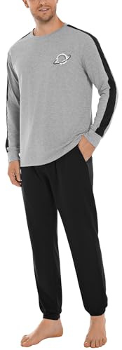 Crewhpo Pijama Hombre Invierno Algodón Conjunto de Pijama Manga Larga Ropa de Dormir 2 Piezas con Largo Camiseta y Pantalones de Pijamas
