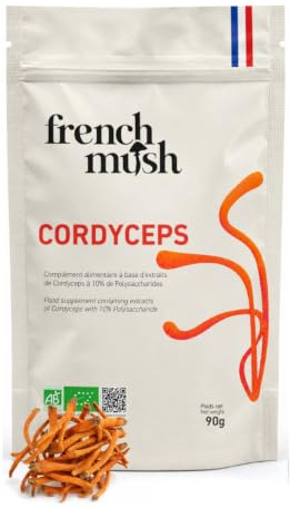 French Mush Cordyceps Bio Poudre - 90 g Vegan | Énergie, Vitalité, Performances Physiques, Champignon Adaptogène, Doypack, Se Mélange aux Boissons, Testé en Laboratoire