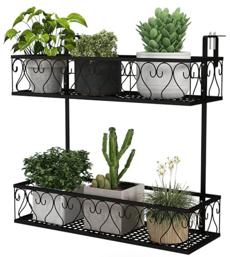 Fioriera in metallo per ringhiera da balcone con ganci regolabili a 2 livelli da appendere per cesti di fiori e vasi, supporto per piante per patio, portico, recinzione, salvaspazio, elegante aggiunta
