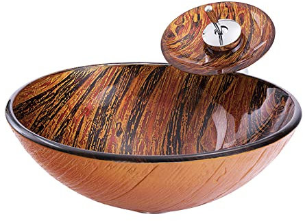 SGKOMN Bathroom Vessel Sink Flames Tempered Glass Vessel Sink Bowl Round Counter Top Installation Bathroom Vessel Vanity Sink Art Basin with Brass Chrome Waterfall Faucet, Pop Up Drain
