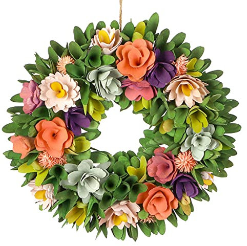 Autumn Wreath Natural Wooden Garland Ornament Floral Evergreen Wreaths for Front Door Decoration Garden Ornaments Outdoor 32cm (Green, Purple & Orange)