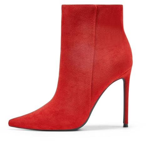 GENSHUO Botines para Mujer Punta Puntiaguda 11 cm Tacón Alto Cremallera Tacones de Aguja Botines de Otoño, ante rojo, 39 EU