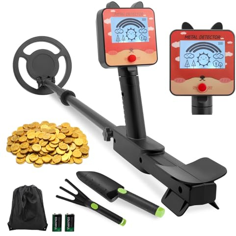 Detecteur Metaux Enfant, Haute Sensibilité Detecteur de Metaux Enfant avec Réglable en Hauteur, écran LCD et Disque de Recherche étanche, Détecteurs de Métaux pour Enfants avec Pelle, Râteau et Sac