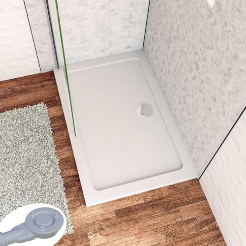 Receveur de douche à l'italien 150x90cm H.3cm, blanc, rectangulaire, Bac à douche extra-plat en résine, avec une bonde H.55mm Design ultra-mince