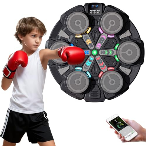 Machine de Boxe Musicale pour Enfants, Machine de Boxe avec Musique avec Gants de Boxe, 6 Modes de Vitesse & 3 Modes de Comptage, Bluetooth, avec Câble de Charge USB, Machine de Boxe LED pour Enfants