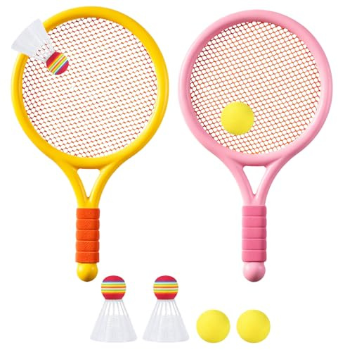 Kids Tennis Rackets Set, 2 Plastic Tennis Rackets and 3 Shuttlecocks and 3 Tennis Balls, Kids Tennis Set for Children Indoor Outdoor Sports Games，Good Companion for Company (Pink-yellow)