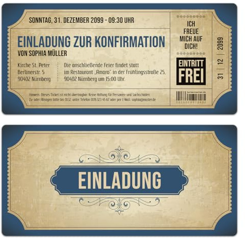 Kartenmachen.de Personalisierte Konfirmation Einladungskarten 10-100 Stück selbst gestalten - Vintage Eintrittskarten in Blau - DIN Lang 210x99mm