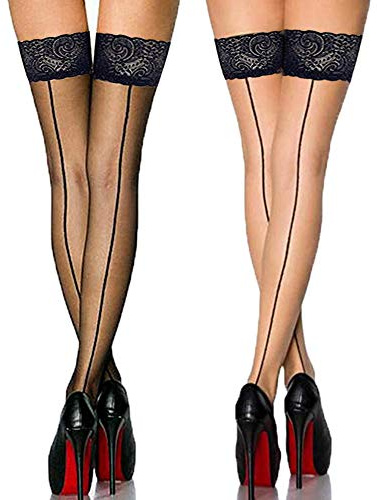 Aneliya Vintage Nylon Lace Top Thigh High Stockings with Back Seam for Women Suspender Garter Belts(2 Pack， Black and Nude)