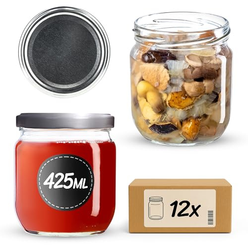 KADAX syltburkar 425 ml, konserveringsburkar med skruvlock, glas med skruvlock, konserverade burkar, förvaringsburkar för sylt, sylt, honung (silver/12 stycken)