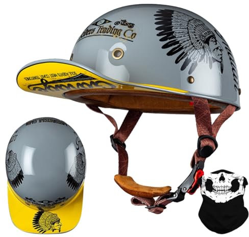 RQTEUYE Vintage Baseball Cap Half Shell Motorcycle Helmet, Extended Retro Brim Helmet With ECE Certification, Men Women Open Face Motorbike Helmet for Cruiser Chopper Scooter M-XXL