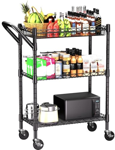 3 Tier Heavy Duty Rolling Utility Cart,18 D x 23.8 W x 36.6 H Rolling Carts with Wheels,Commercial Grade Metal with Handle Bar & Shelf Liner,Trolley Serving Storage Cart for Kitchen Black